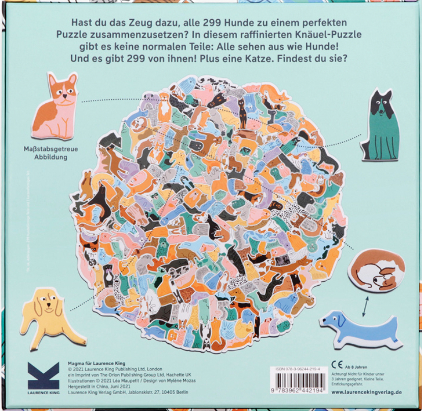 Rückseite Puzzle „299 Hunde und 1 Katze“ Laurence King Verlag